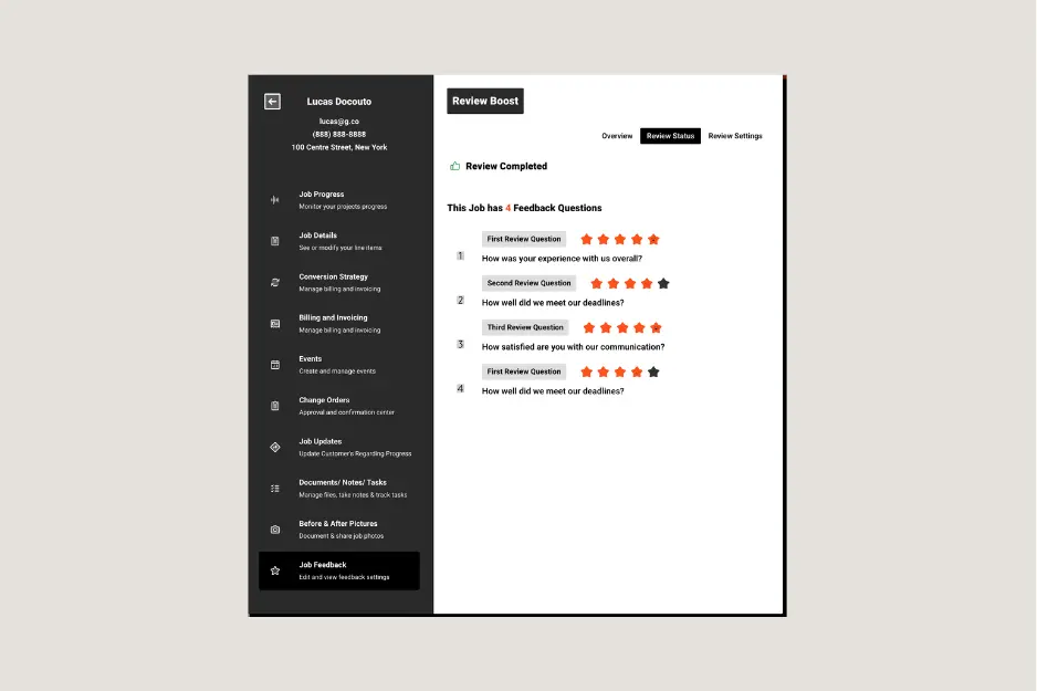 Clientility Review Boost dashboard displaying survey ratings and feedback used by contractors and service businesses to get more Google reviews.