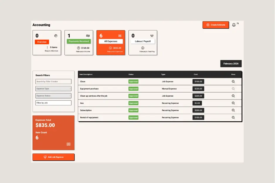 Clientility CRM accounting dashboard showing expense tracking for service businesses