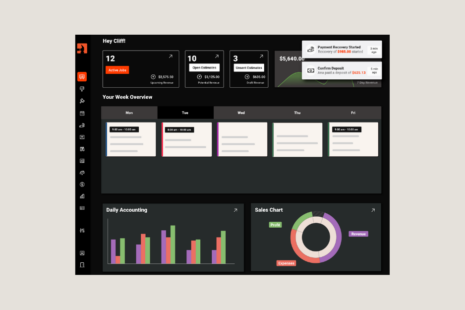 Clientility field service management software dashboard showing job tracking, estimates, revenue, and scheduling overview.