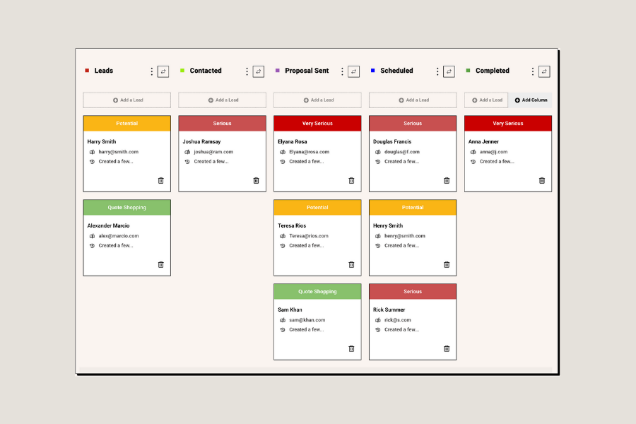 Lead management board in Clientility CRM displaying leads across sales pipeline stages