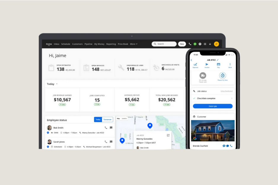 Housecall Pro field service management software dashboard with job scheduling, invoices, customer details, and mobile app view.