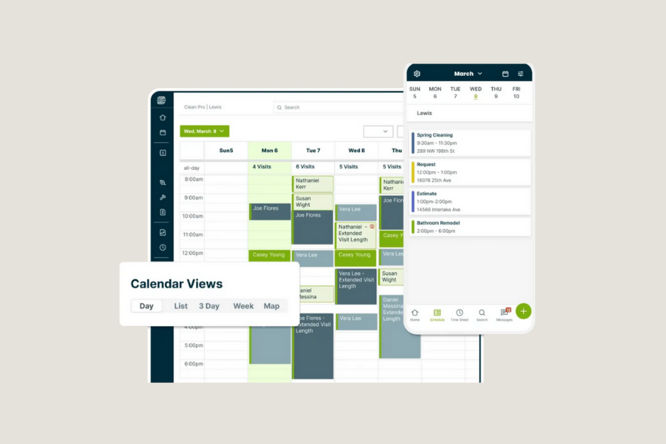 Jobber field service management software calendar and scheduling interface for managing jobs, visits, and technician workloads.