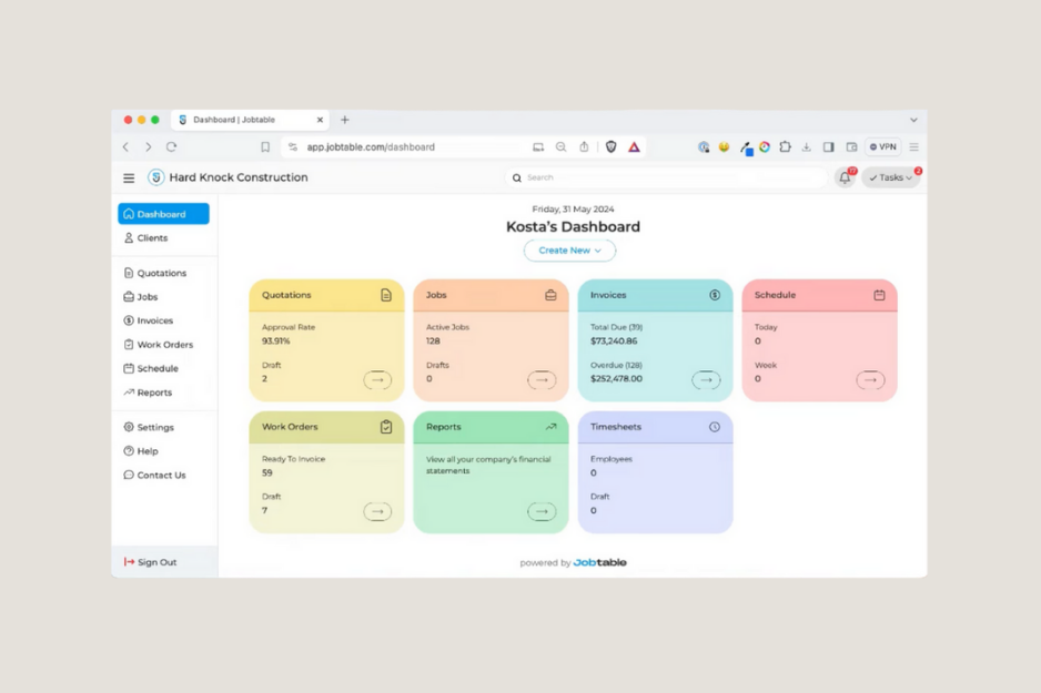 Jobtable field service management software dashboard displaying jobs, invoices, work orders, and reporting tools.