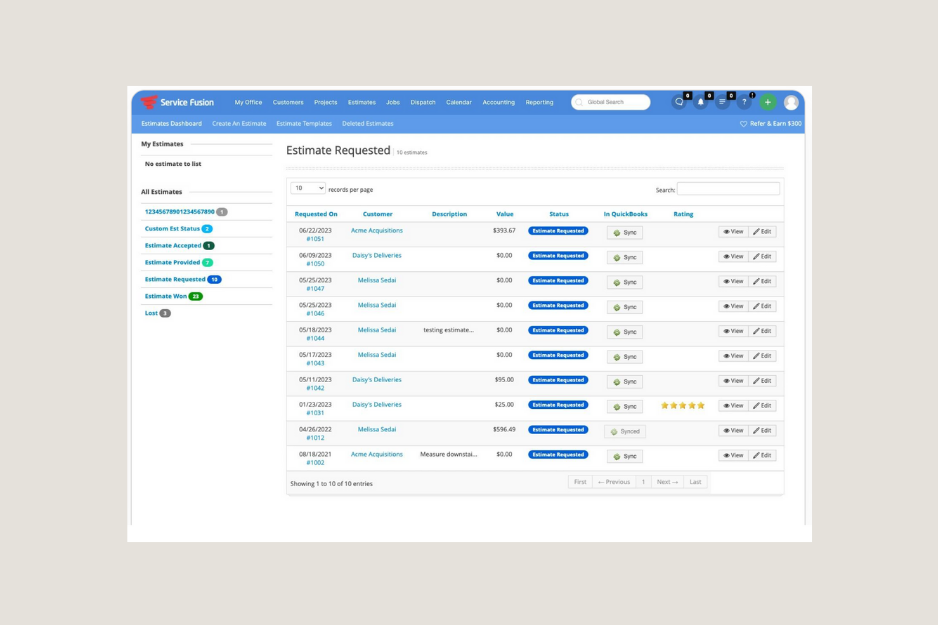 Service Fusion field service management software interface showing estimates, customer records, invoicing, and QuickBooks integration.