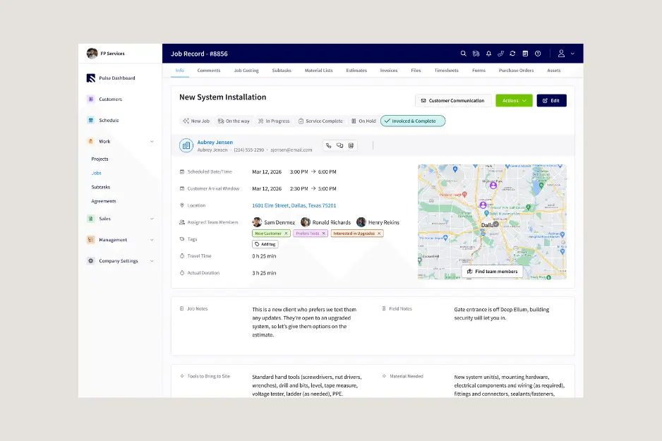 FieldPulse review dashboard for contractors managing jobs, customers, and schedules