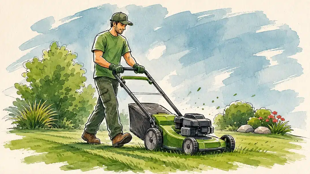 Landscaping contractor mowing a lawn, representing landscaping software for managing jobs, scheduling, estimates, and payments.