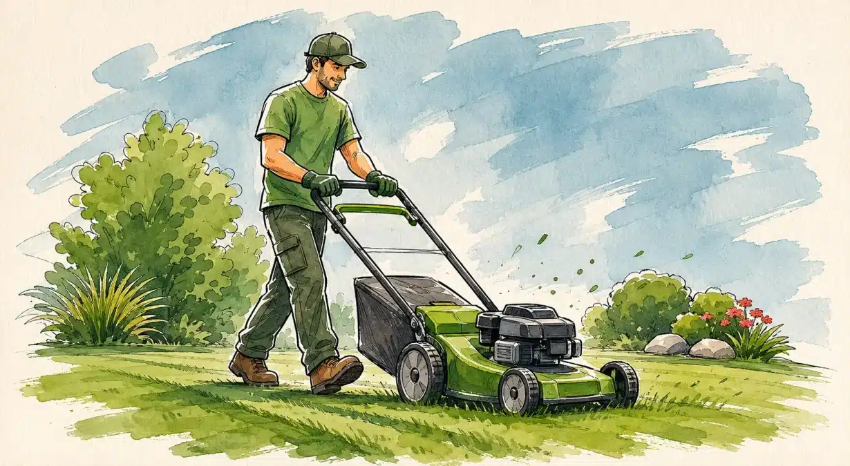 Landscaping contractor mowing a lawn, representing landscaping software for managing jobs, scheduling, estimates, and payments.