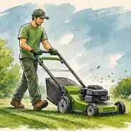 Landscaping contractor mowing a lawn, representing landscaping software for managing jobs, scheduling, estimates, and payments.
